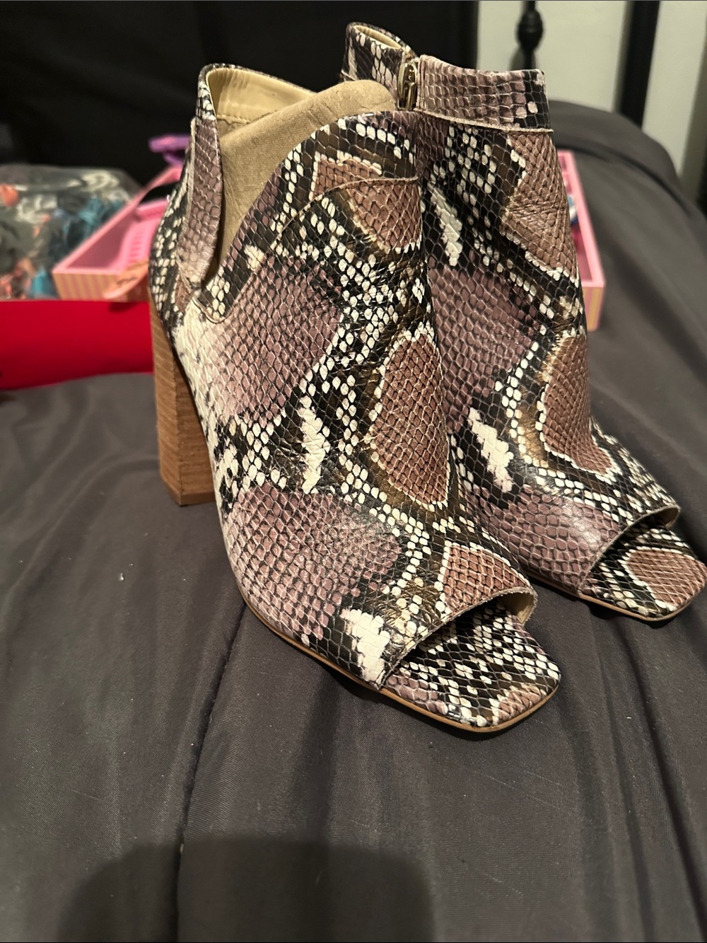 Vince Camuto Snake-Print Peep-Toe Block Heel Booties in Brown and Purple